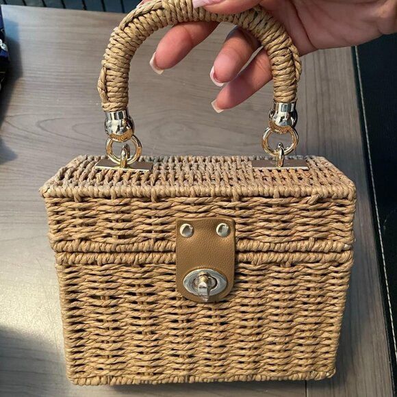Neiman Marcus Handwoven Rattan Straw Square Beach Bag - Picture 1 of 5